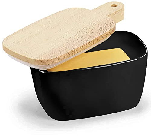 Burriera in porcellana, grande porta burro in ceramica con coperchio esteso, perfetto per 2 bastoncini di burro (nero, 16,5 x 10,2 x 9,9 cm)