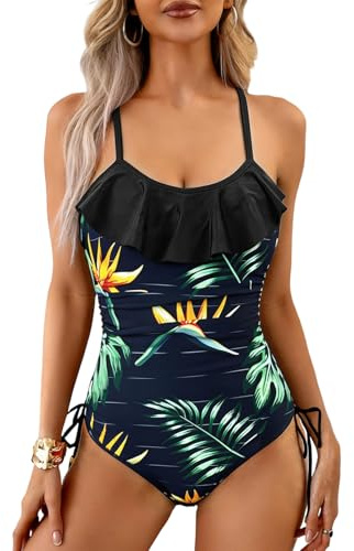 Costume Mare da Bagno Intero Removibili Ruched Monokini Ruffle Regolabile Halter Swimsuit Pancia Controllo Spiaggia Costumi(Fiore,XL)