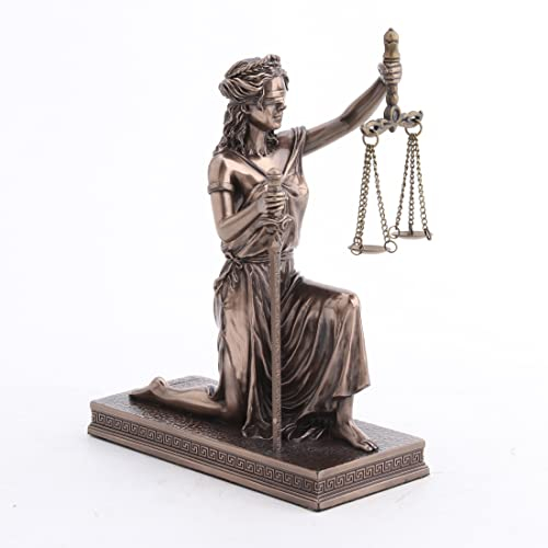 Veronese Design Skulptur Lady Justice, kniende Skala und Schwert, Kunstharz, Bronze-Finish