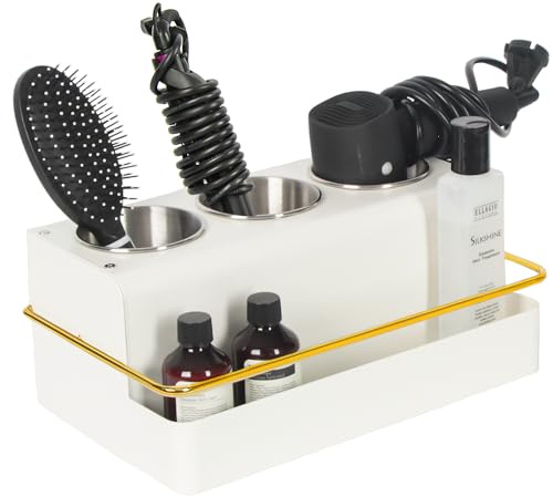 J JACKCUBE DESIGN Hair Tool Organizer, Metal Hair Dryer Holder Tray, Blow Dryer, Makeup, Bathroom Accessories, Vanity Countertop Storage Stand with 3 Stainless Steel Cups (White)- MK1029A