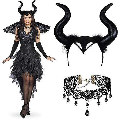 DONGSZQ Schwarzes Teufelshorn, Königin, Stirnband, mit Chocker Spitze, für böses Kostüm, Damen, Mädchen, Halloween, Karneval, Cosplay