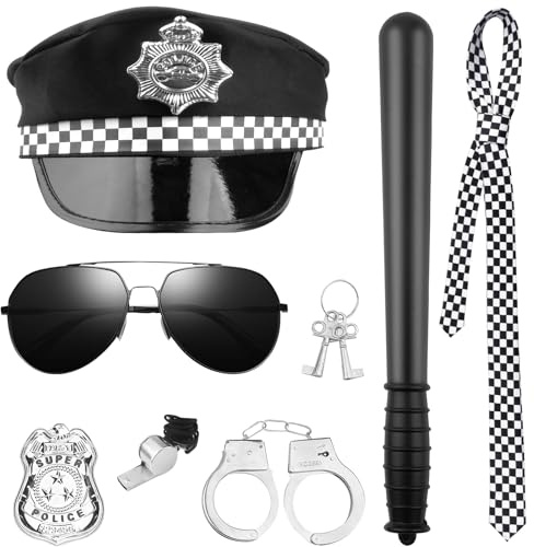 Polizei Kostüm für Erwachsene, 8Pcs Polizei Zubehör Set mit Polizei-Hut,Handschellen,Abzeichen,Krawatte,Schlüssel,Schlagstock,Pfeife und Brille, Karneval Polizist Kostüm Zubehör Set, Festival-Kostüme