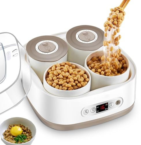Electric Yogurt Natto Fermenter Machine, 1.5L Intelligent Natto Fermenting Machine with 4 Ceramic Containers, High Temperature & Smart Panel Control, for Yogurt Making, Natto Preparation