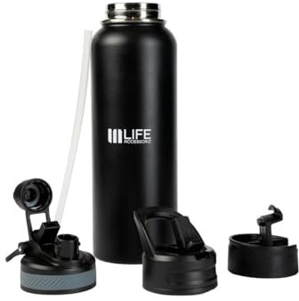Life Accessoriz Templock water Thermos Flask, Leak-proof Stainless Steel mit 3 Deckel-Thermosflasche mit strohhalm, isolierte Trinkflasche, Isolierflasche doppelwandig (1L)(Schwarz).