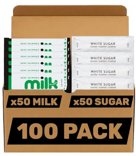100 Sachets Bundle: Long Life Semi Skimmed Milk & Sugar Sticks, 50x Individual Milk and 50x Sugar Portions for Coffee, Tea – Ideal for Office, Travel, Camping & Home Use