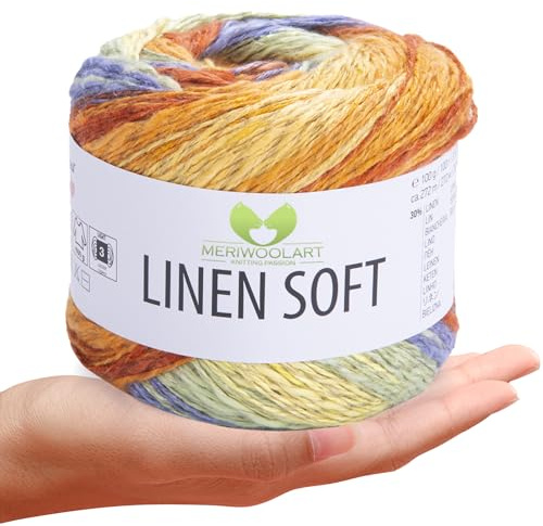MeriWoolArt® Linen Soft Garn – Premium Naturgarn zum Stricken & Häkeln, 100g Leinengarn Baumwolle Viskose Mischung, atmungsaktiv, weich & umweltfreundlich, ideal für Kleidung, Tücher, DIY 7412