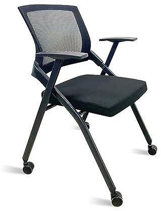 Klappbarer Tablet-Armlehnstuhl mit Lenkrollen für Zuhause, Büro, Wartezimmer, Klassenzimmer, Gäste, Stapelstühle mit Netz-Rückenlehne und verdicktem Sitzkissen