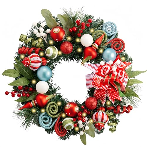 Valery Madelyn 45,7 cm großer beleuchteter Weihnachtskranz für Haustür mit Lichtern, großer beleuchteter Weihnachtskranz mit Elfen, rot-grüne Weihnachtskugeln für Kamin, Fenster, Außenbereich