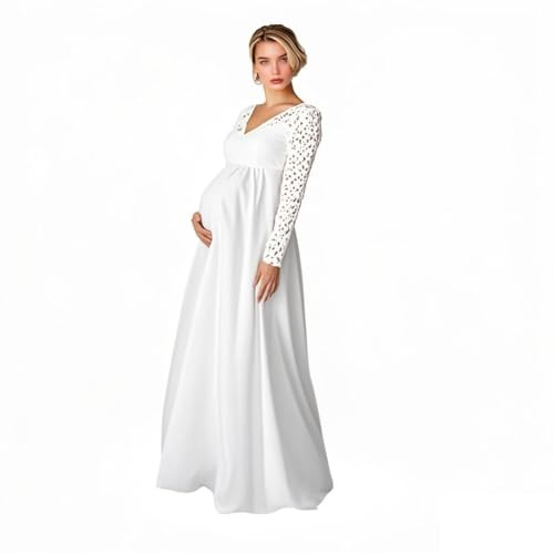 Elegante maxi abito premaman – scollo a V a maniche lunghe in pizzo per fotografia gravidanza abito per baby shower matrimonio ospite servizi fotografici, bianco, L
