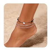 2 Stücke Fussketten für Frauen - Handgewebte Verstellbare Kleeblatt Anhänger Fussketten mit Edelstahl Herz Layered Fusskette für Sommer Barfuß Schmuck, Strand Fußschmuck Geschenk Fußkettchen für Damen