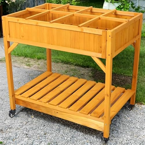 Jardinière surélevée Ergonomique sur roulettes avec étagère de Rangement, bac à Fleurs d'une capacité de 90 kg pour Le Jardinage extérieur, Plate-Bande surélevée (Marron)