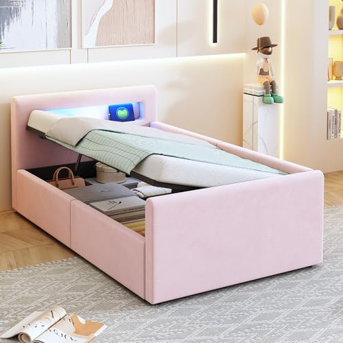 Huayz Modern Jugendbett 90x200 cm Polsterbett, Bett mit Lattenrost & Stauraum, Polster Kopfteil mit LED Nachtlicht & USB-Ladeanschluss, Samtstoff, Kinderbett für Jungen & Mädchen (Rosa)
