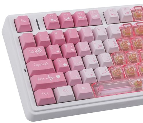 PBT Keycaps + Clear PC Through Keycaps, 150 Keys Pink Jelly Pudding Cute Keycap, Double Shot Shine Through Cherry Profile Keycap for Cherry MX Switch ANSI & ISO Layout Mechanical Keyboards