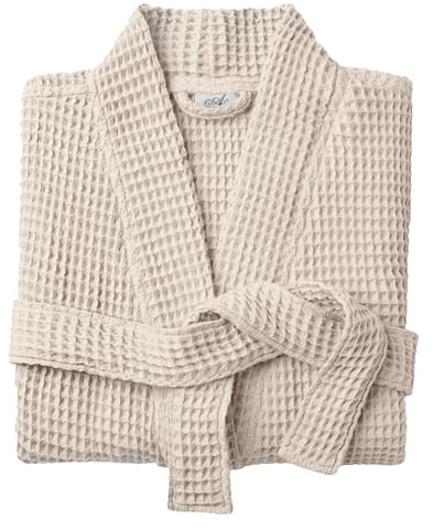 Allure Bath Fashions Unisex Bathrobe Lightweight Textured Waffle Robe - Soft Hotel Dressing Gown, Kimono (Large/Extra Large, Linen)