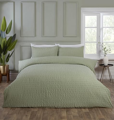 Rapport Home Set copripiumino Seersucker, morbido, facile da pulire, per letto singolo, 3 pezzi, colore verde salvia