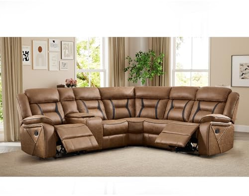 EBELLO Faux Leather Reclining Sectional Couch for Living Room, L-Shaped Sectional Corner Manual Recliner Sofa Home Furniture Set with Center Console, Cup Holders and Storage, Brown