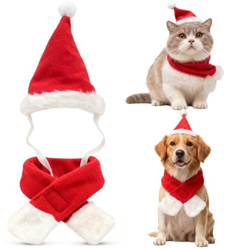 OIXEYA 2 Stück Weihnachtskostüm für Katze mit Weihnachtsmütze und Schal, Weihnachtsset, verstellbares Haustier-Set für Kätzchen und Welpen