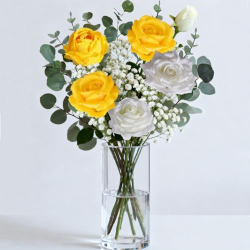 Tosoda Large Tall Artificial Flowers Arrangement in Vase for Indoor Decor (Yellow-Rose)