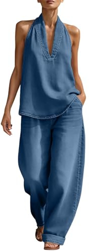 Airport Two Piece Outfit Women Uk Denim Co Ord Sets Sleeveless Short Sleeve Blouses Wide Leg Jeans Casual Ladies Travel Suits Womens Summer Cotton Lounge Wear