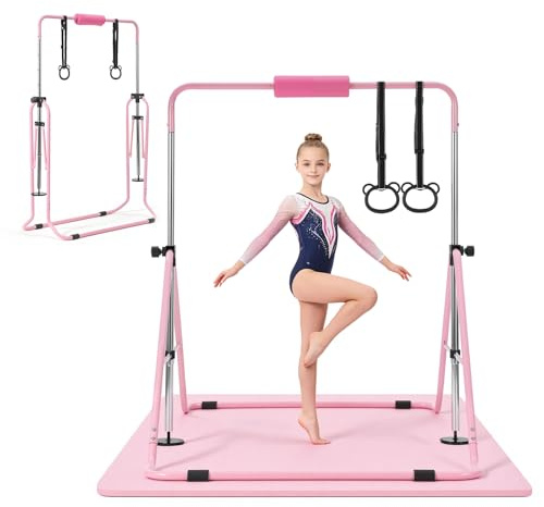 VEVOR Barra de Gimnasia Plegable Capacidad de 63,5 kg con Colchoneta, Barra Horizontal con Altura Ajustable de 5 Niveles 914 a 1321 mm, Equipo de Entrenamiento en Casa, Estructura Estable, Rosa