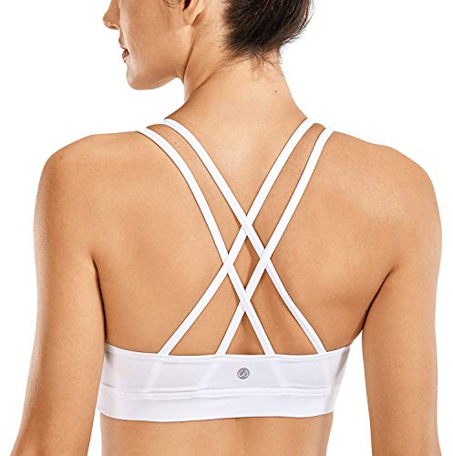 CRZ YOGA Damen Ohne Bügel Sport BH Gekreuzt Rücken Spaghetti Top Abnehmbare Pads Yoga Croptop Weiss-Logo M