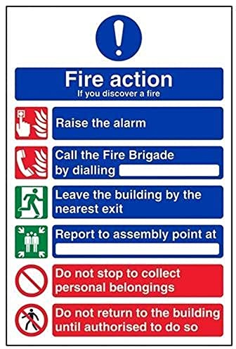 V Safety Fire Action Sign – 6-Point Fire Procedure (If You Discover a Fire) – A4 Rigid Plastic 1mm – ISO 7010 Compliant Fire Safety Notice