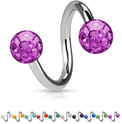 Treuheld® | 1.2mm x 8mm Piercing Spirale/Twister Silber | 4mm Kristall Piercing-Kugeln | Pink/Rosa | Chirurgenstahl | Nabel, Ohr
