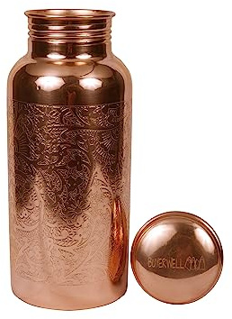 BUYERWELL Bouteille d'eau en cuivre pur gaufré de 500 ml avec couvercle - Bouteille d'eau ayurvédique en cuivre - Petite bouteille d'eau anti-fuite - Finition sans couture