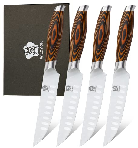 WILDMOK 4-Piece Steak Knife Set with 5-Inch German Stainless Steel Blade Ergonomic Pakkawood Handle Ultra Sharp Full Tang Kitchen Knife Set
