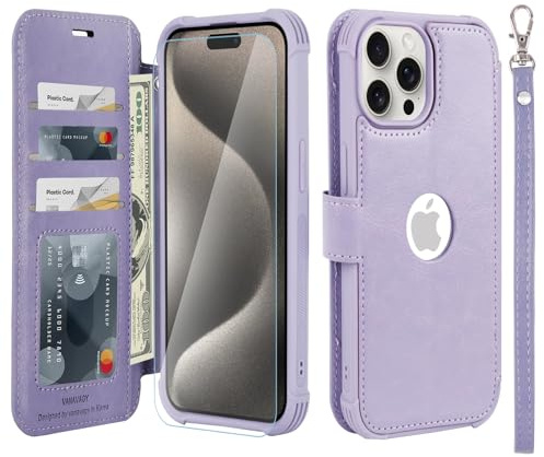 VANAVAGY Wallet Case for iPhone 15 Pro Max 6.7 Inch,Clove Purple | PU Leather Flip Folio,Slim,12ft Drop Protection,RFID Blocking Card Holder,Kickstand,Wrist Strap,Includes Screen Protector