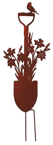 UNUS Garden Vanga con uccello e gigli, decorazione da giardino, effetto ruggine, spina in metallo arrugginito, decorazione ruggine per giardino, terrazza, balcone o vaso di fiori