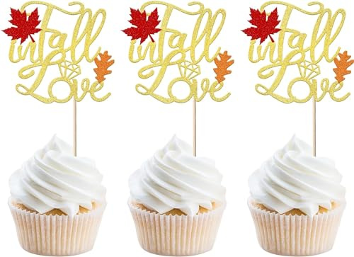 24 Stück Fall in Love Tortendeko Glitzer Laub Herbst Ahornblätter Cupcake Toppers Thanksgiving Bride Kuchen Deko Brautdusche Hochzeit Verlobung Jahrestag Party Tortendekoration