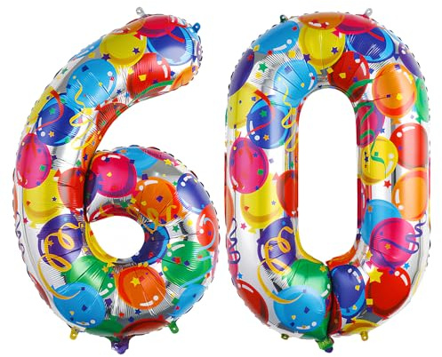 Ponmoo 40 Zoll Foil Luftballon Zahlen 60 Mehrfarbig (101cm), Aufblasbares Helium oder Luft, Riesige Folienballons Nummer 0-100, Große Ballones für Hochzeitstag und Geburtstag Party Dekoration