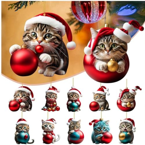 Morkite 10PC Weihnachtsbaum Katzen Anhänger 2D Acryl Weihnachtskatze Hängende Deko Lustiger Weihnachten Katzen Ornament Spaß Weihnachtsanhänger Deko Christbaumschmuck Weihnachtsschmuck Geschenk