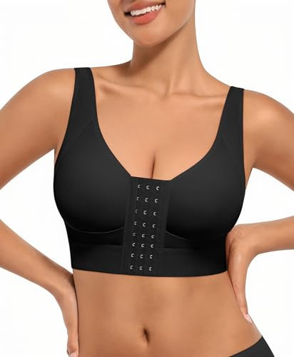 FeelinGirl Front Closure Everyday Bra for Women Post Surgery Compression Support with Adjustable Straps Wirefree Black XL