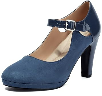 elerhythm, scarpe Mary Jane da donna con tacco retro, punta chiusa, con cinturino traforato alla caviglia, in pelle scamosciata, stile chic vintage Gatsby, Blu, 40 EU