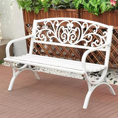 SORVA Gartenbank für den Außenbereich, Parkbank aus Metall, mit Rückenlehne und Armlehnen, Terrassenbankstuhl, Sitzmöbel für 2 Personen, Sitz mit Stahllatten, für Hof, Veranda, Rasen, Hinterhof (F