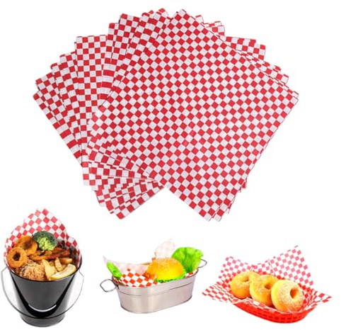 100Pcs Greaseproof Paper Sheets Food Grade Wrap Paper Checkered Food Basket Liners Oil-Proof Baking Paper Circles for Deli Sandwich Cakes Cheese
