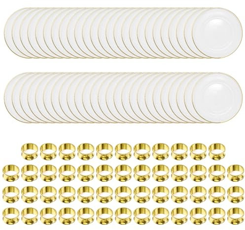 WedDecor 33cm Clear Charger Plates with Gold Trim Design & Hammered Design-Beaded Edge Napkin Rings Holders, Acrylic Round Dinner Plate And Napkin Rings Dinner Set for Table Decor, Set of 100