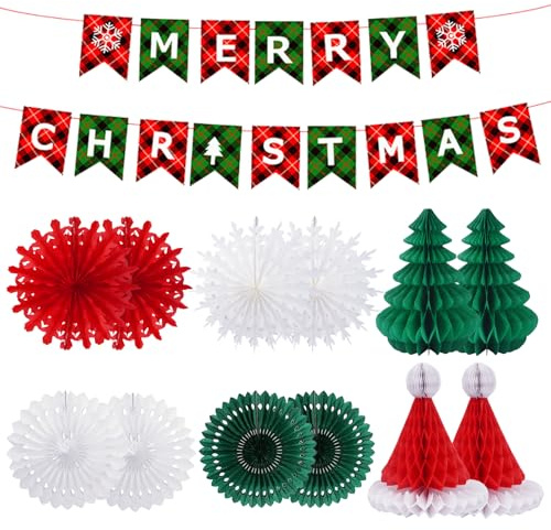 KINDPMA 13 Stück Weihnachten Party Dekoration Papier Lüfter Waben Weihnachtsmütze Weihnachtsbaum und Weihnachtsbanner Wabenball Dekoration für Weihnachten Hochzeit Geburtstag Party
