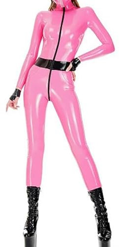 TUNAYI Latex Catsuit with Wasit Trims Front to Back Crotch Zipper Rubber Bodysuit Overall Zentai Without Gloves-Black with Yellow-Female XS