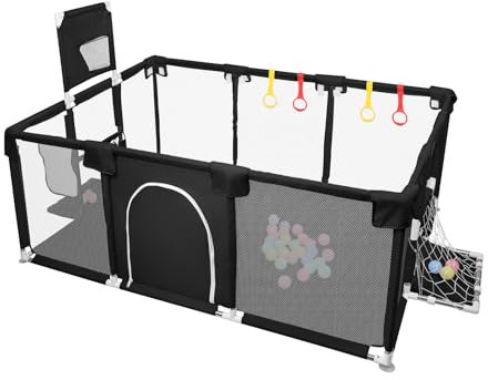 Laufstall für Wohnung, Babybox mit 4 Saugnäpfen an der Unterseite und Reißverschlusstür, Spielbox mit weichem atmungsaktivem Netz, Babyzaun aus Oxford-Stoff (F-180 x 120 x 66 cm, Schwarz)