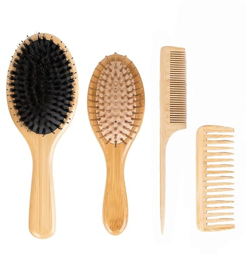 4 PCS Bamboo Hair Brushes Set,Boar Bristle and Detangling Combs,Hair Care Tools with Natural Bristles, Birthday Gift for Family Friend Women Men Mother Hairbrush Kit