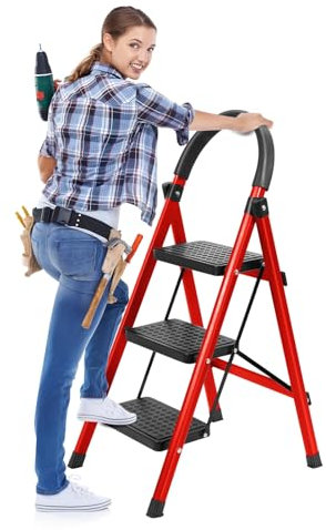 joukares 3 Step Ladder, Folding Step Stool with Anti-Slip Wide Pedals, Multi-Purpose Collapsible Ladder for Home and RV, Heavy Duty Step Ladder for Indoor and Outdoor Use, Supports Up to 330 lbs Red