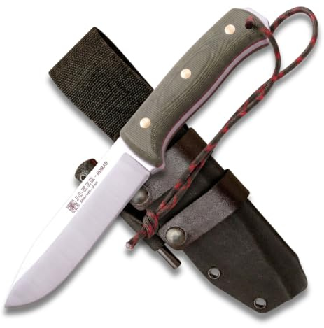 Joker Cuchillo de Supervivencia deportivo Nomad CV125-F, hoja de 12,7 cm, mango Micarta Canvas verde, funda de kydex con pedernal, Herramienta de pesca, caza, camping y senderismo