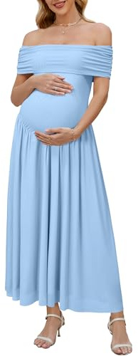 OUGES Women's 2026 Summer Spring Off The Shoulder Mesh Maxi Maternity Baby Shower Dresses for Photoshoot Wedding Guest Sleeveless Formal Pleated Long Flowy Pregnancy Must Have Clothes(Sky Blue,L)
