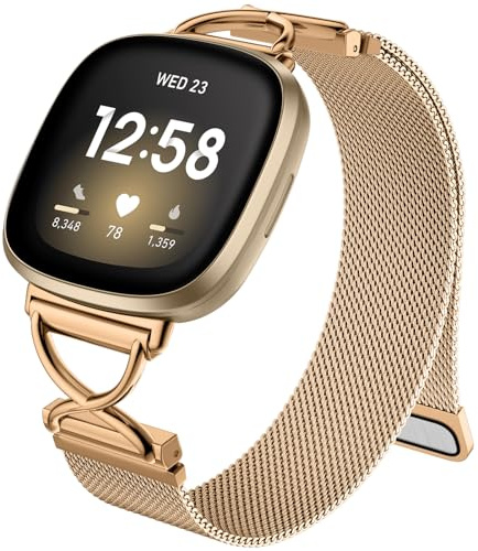 Charlam Metallarmband Kompatibel mit Fitbit Versa 4 Armband, Versa 3 Armbänder für Damen, Magnetisch Verstellbares Edelstahl Ersatzarmband für Fitbit Sense, Sense 2 Armband, RoséGold