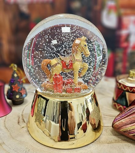 Schneekugel Weihnachten Spieluhr | Schaukelpferd rot Gold | B: 12cm | 20262 | Mit Spieluhr | Sockel gold mit Sternen | Schüttelkugel Weihnachtsdekoration mit Musik | Höhe 16 cm