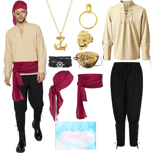 TOSZOLY Costume Pirata Uomo, Vestito Medievale con Accessori Pirata, Costume Medievale Vestiti Carnevale, Vestito Pirata Uomo per Cosplay Party Halloween Natale