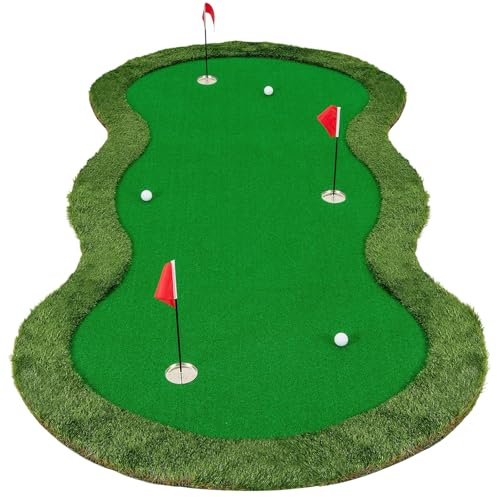 LIFEZEAL Golf Übungsmatte 150 x 300 cm, Puttingmatte mit 3 Löchern und Bällen, Trainingshilfe Golftraining für Indoor und Outdoor